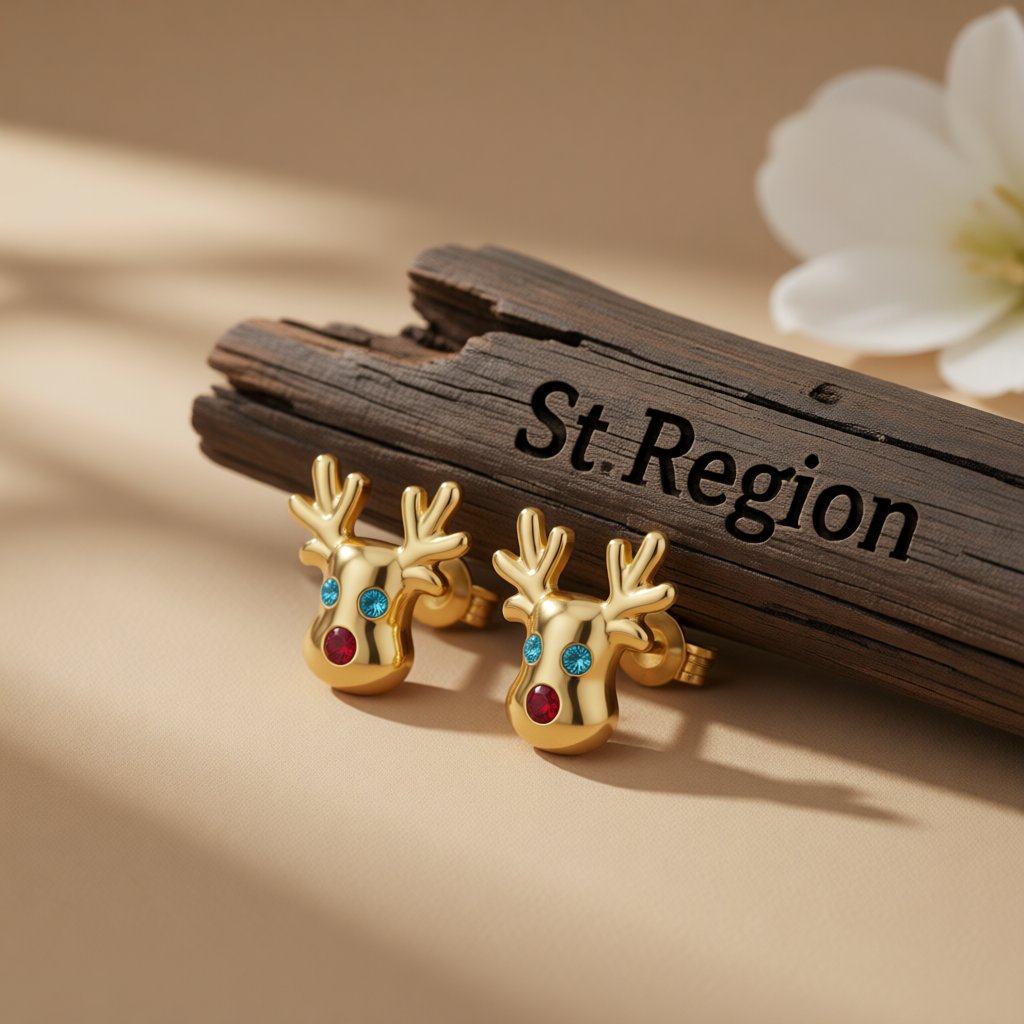 Cubic Zirconia and 18K Gold-Plated Reindeer Stud Earrings, gold stud earrings for women, elegant gift for her, front view