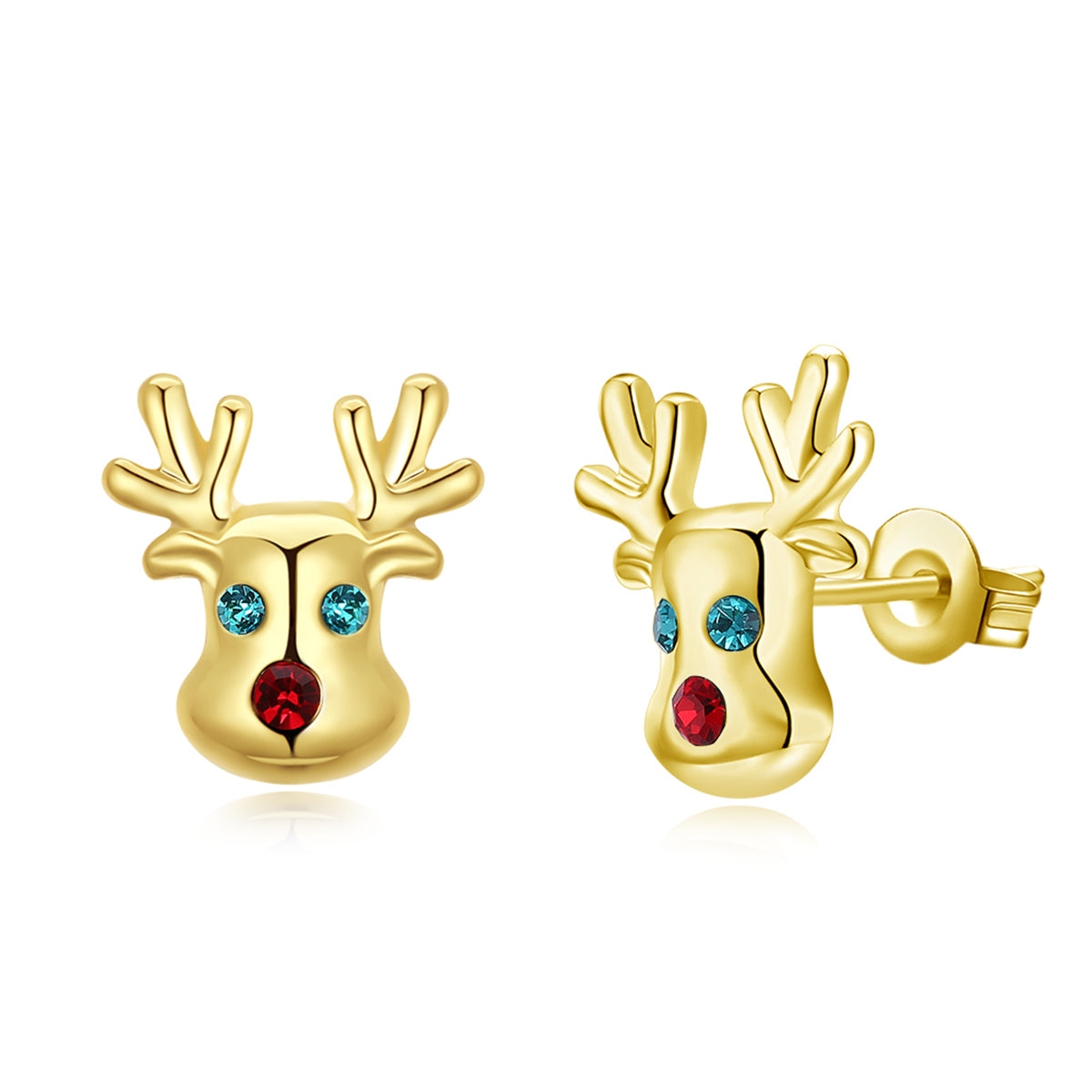 Cubic Zirconia and 18K Gold-Plated Reindeer Stud Earrings, gold stud earrings for women, elegant gift for her, side view