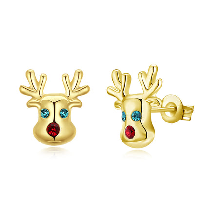 Cubic Zirconia and 18K Gold-Plated Reindeer Stud Earrings, gold stud earrings for women, elegant gift for her, side view