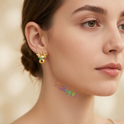 Cubic Zirconia and 18K Gold-Plated Reindeer Stud Earrings, gold stud earrings for women, elegant gift for her, styled look