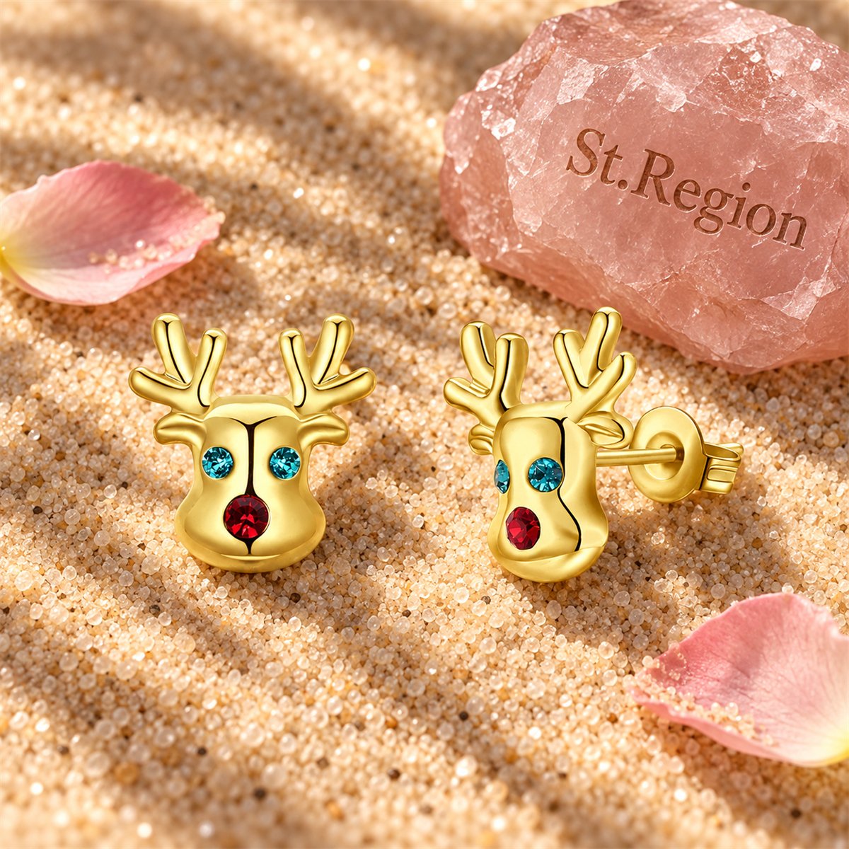 Cubic Zirconia and 18K Gold-Plated Reindeer Stud Earrings, gold stud earrings for women, detail close-up