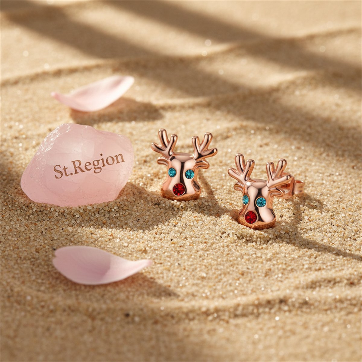 Cubic Zirconia and 18K Rose Gold-Plated Reindeer Stud Earrings, rose gold stud earrings for women, detail close-up