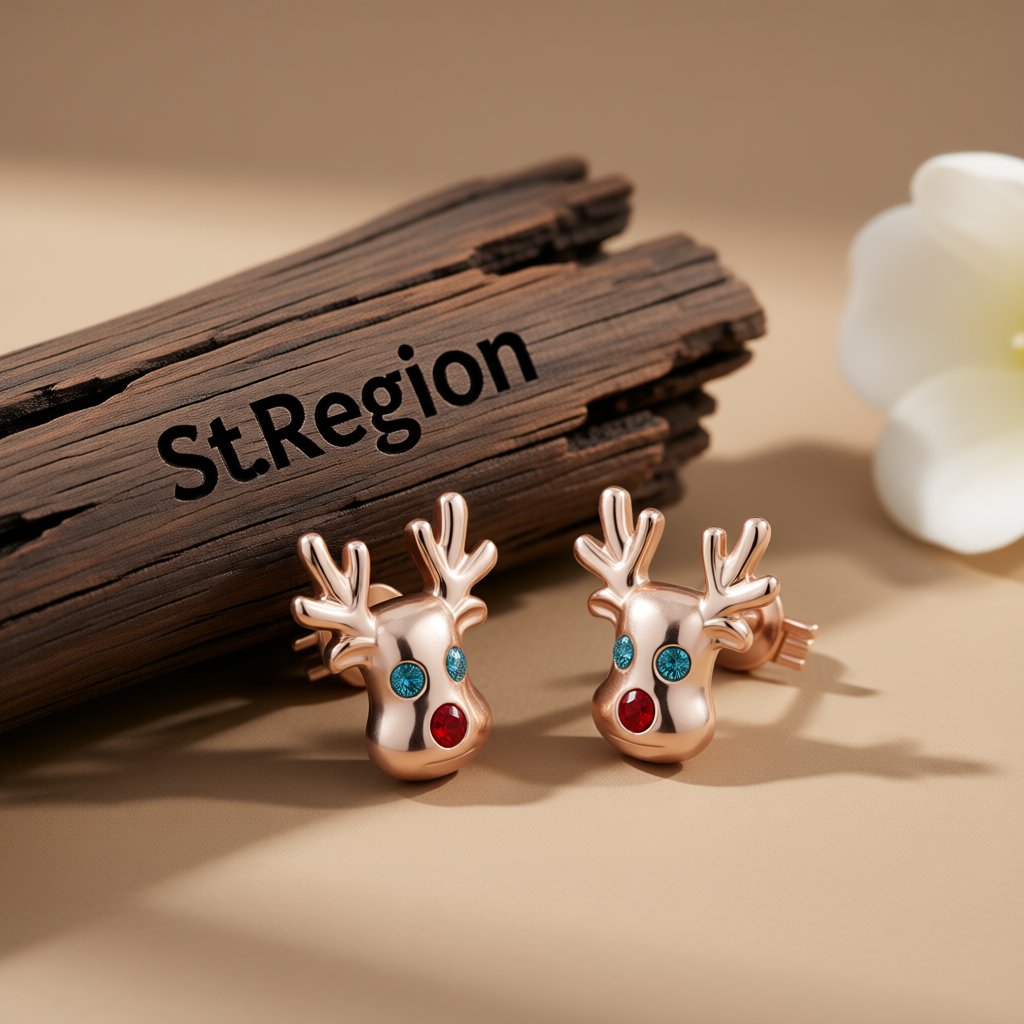 Cubic Zirconia and 18K Rose Gold-Plated Reindeer Stud Earrings, rose gold stud earrings for women, everyday style, front view