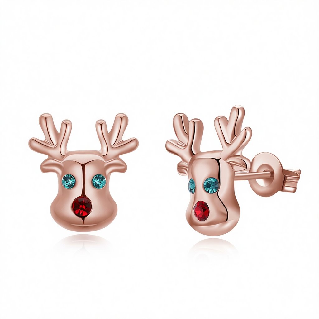 Cubic Zirconia and 18K Rose Gold-Plated Reindeer Stud Earrings, rose gold stud earrings for women, everyday style, side view