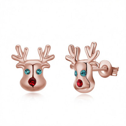 Cubic Zirconia and 18K Rose Gold-Plated Reindeer Stud Earrings, rose gold stud earrings for women, everyday style, side view