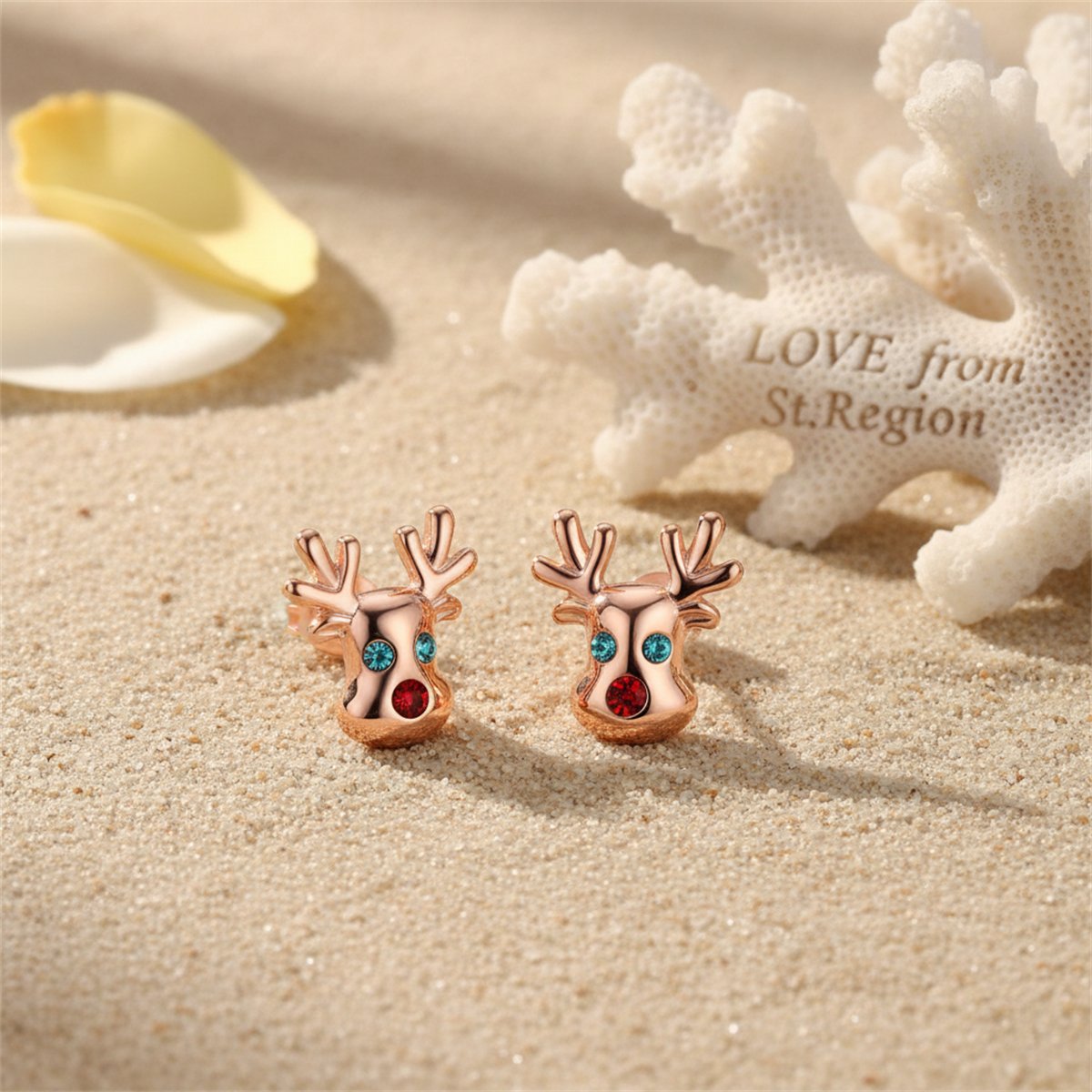Cubic Zirconia and 18K Rose Gold-Plated Reindeer Stud Earrings, rose gold stud earrings for women, lifestyle look