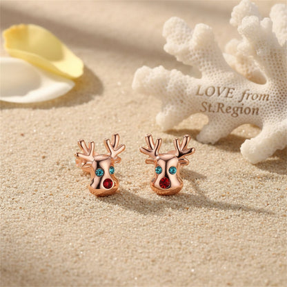 Cubic Zirconia and 18K Rose Gold-Plated Reindeer Stud Earrings, rose gold stud earrings for women, lifestyle look