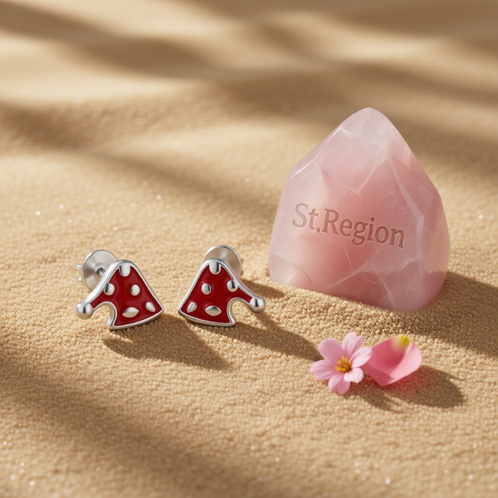 Red Enamel and Silver-Plated Christmas Hat Stud Earrings, cubic zirconia stud earrings for women, detail close-up