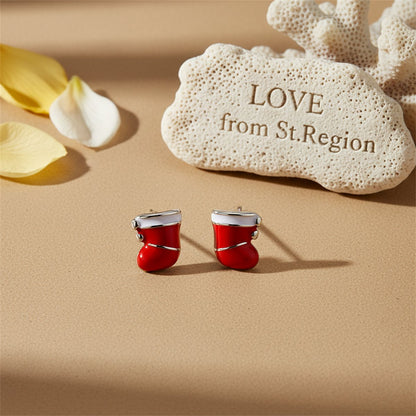Red Enamel and Silver-Plated Christmas Stocking Stud Earrings, cubic zirconia stud earrings for women, lifestyle look