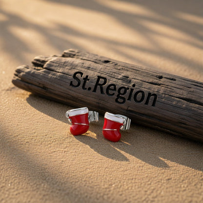 Red Enamel and Silver-Plated Christmas Stocking Stud Earrings, cubic zirconia stud earrings for women, front view