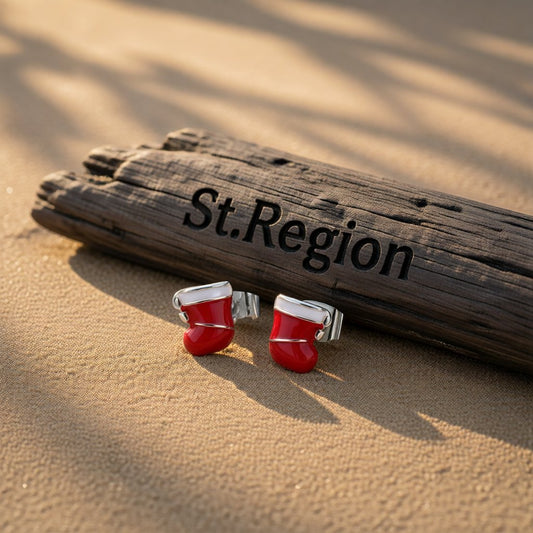 Red Enamel and Silver-Plated Christmas Stocking Stud Earrings, cubic zirconia stud earrings for women, front view