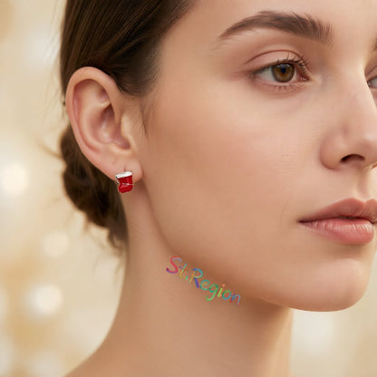 Red Enamel and Silver-Plated Christmas Stocking Stud Earrings, cubic zirconia stud earrings for women, styled look