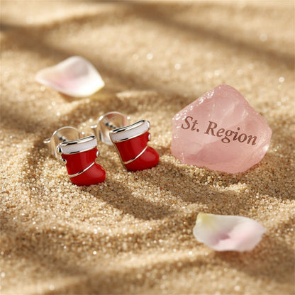Red Enamel and Silver-Plated Christmas Stocking Stud Earrings, cubic zirconia stud earrings for women, detail close-up