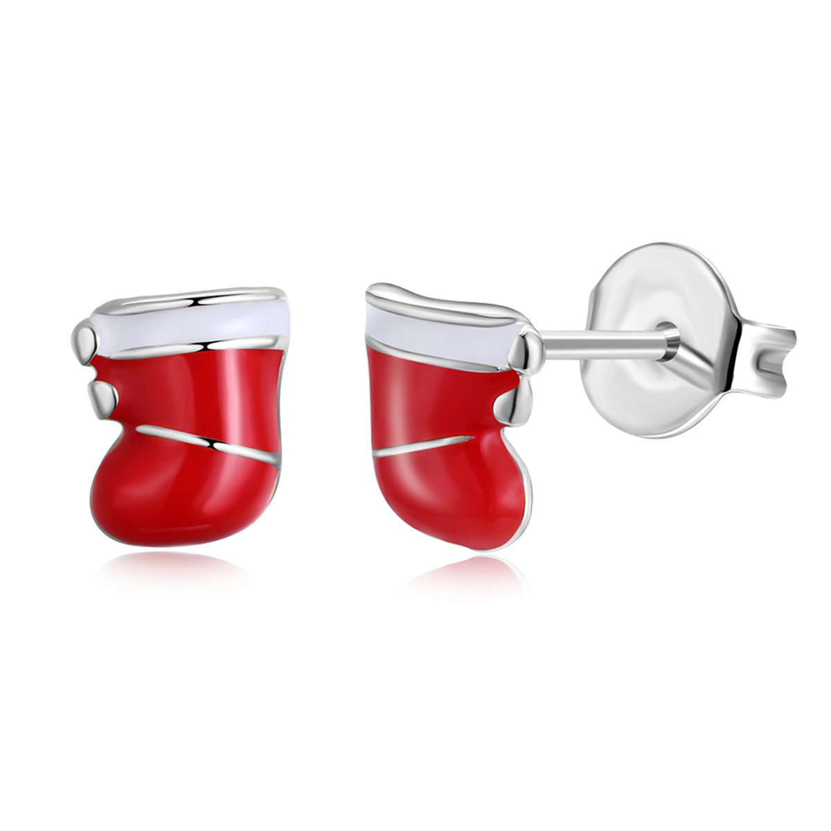 Red Enamel and Silver-Plated Christmas Stocking Stud Earrings, cubic zirconia stud earrings for women, side view