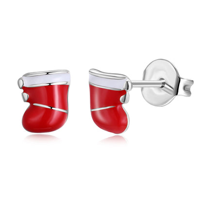 Red Enamel and Silver-Plated Christmas Stocking Stud Earrings, cubic zirconia stud earrings for women, side view