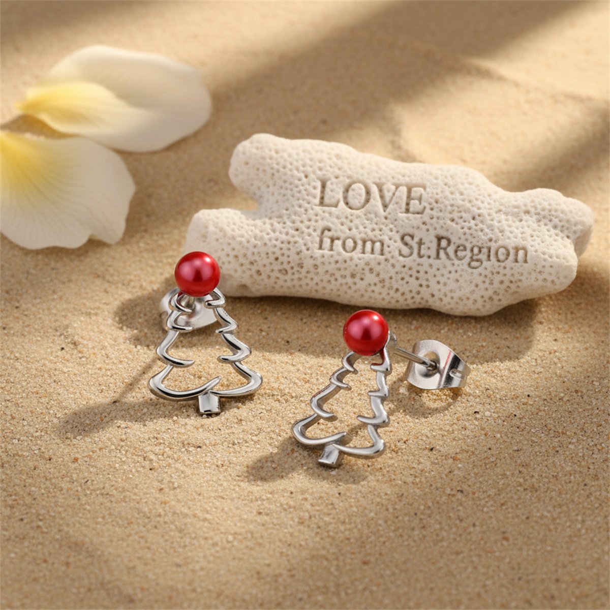 Red Resin and Silver-Plated Open Christmas Tree Stud Earrings, cubic zirconia stud earrings for women, lifestyle look
