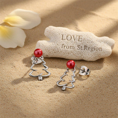 Red Resin and Silver-Plated Open Christmas Tree Stud Earrings, cubic zirconia stud earrings for women, lifestyle look