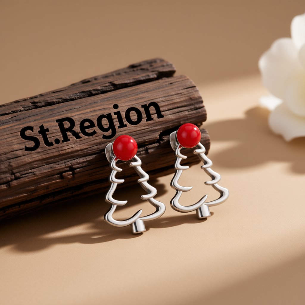 Red Resin and Silver-Plated Open Christmas Tree Stud Earrings, cubic zirconia stud earrings for women, front view