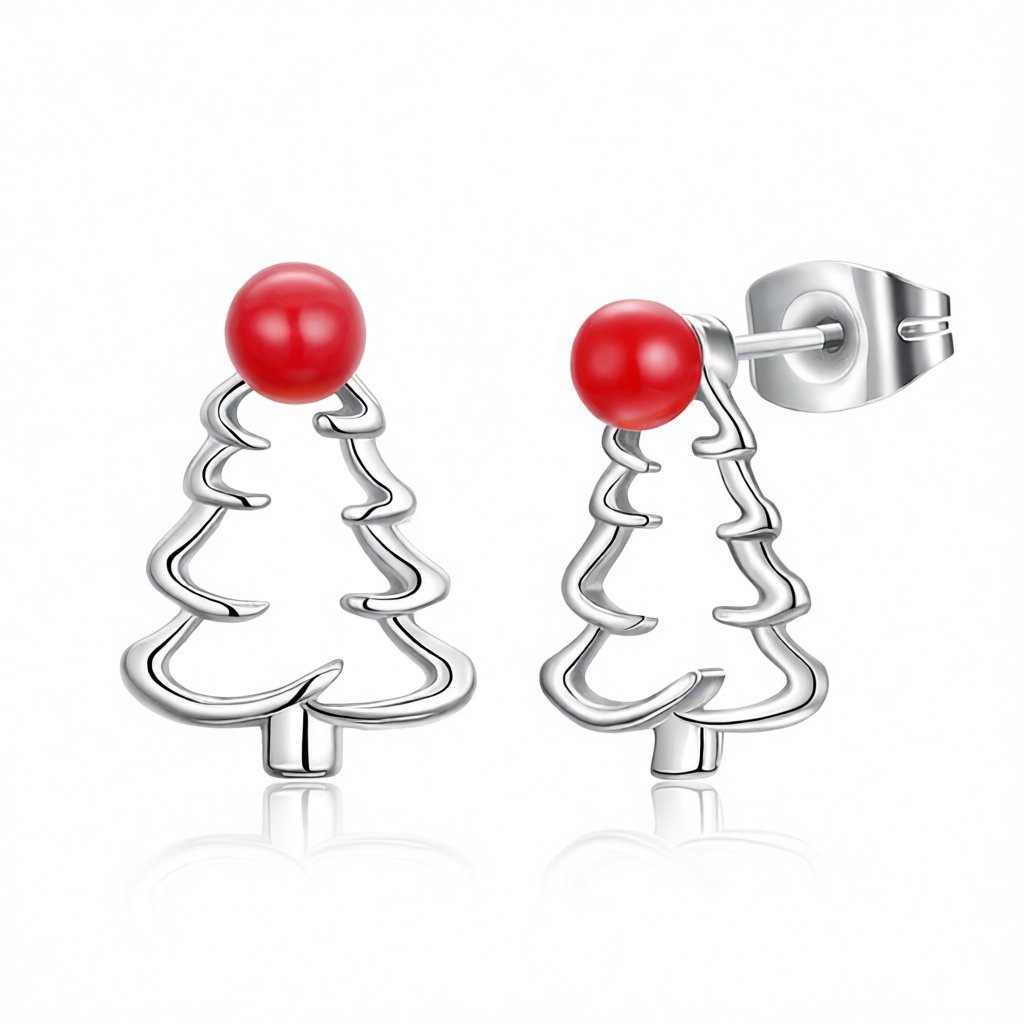 Red Resin and Silver-Plated Open Christmas Tree Stud Earrings, cubic zirconia stud earrings for women, side view
