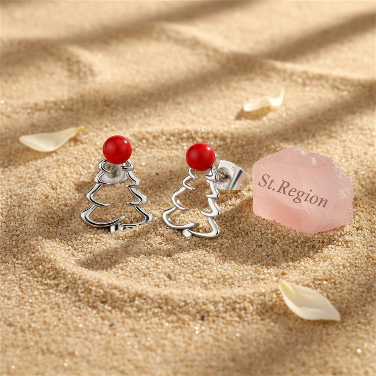 Red Resin and Silver-Plated Open Christmas Tree Stud Earrings, cubic zirconia stud earrings for women, detail close-up