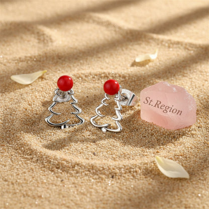 Red Resin and Silver-Plated Open Christmas Tree Stud Earrings, cubic zirconia stud earrings for women, detail close-up