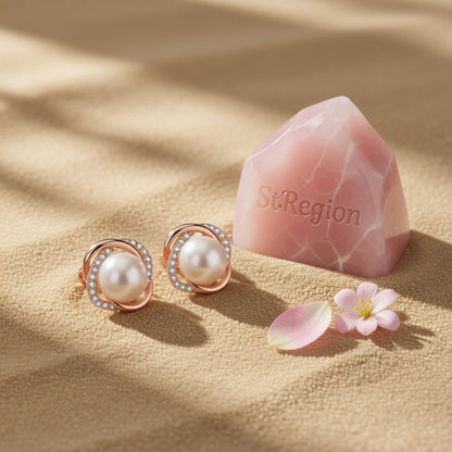 Pearl and Cubic Zirconia 18k Rose Gold-Plated Stud Earrings, cubic zirconia stud earrings for women, detail close-up