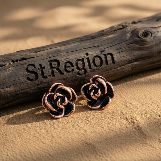 Black & 18K Rose Gold-Plated Rose Stud Earrings