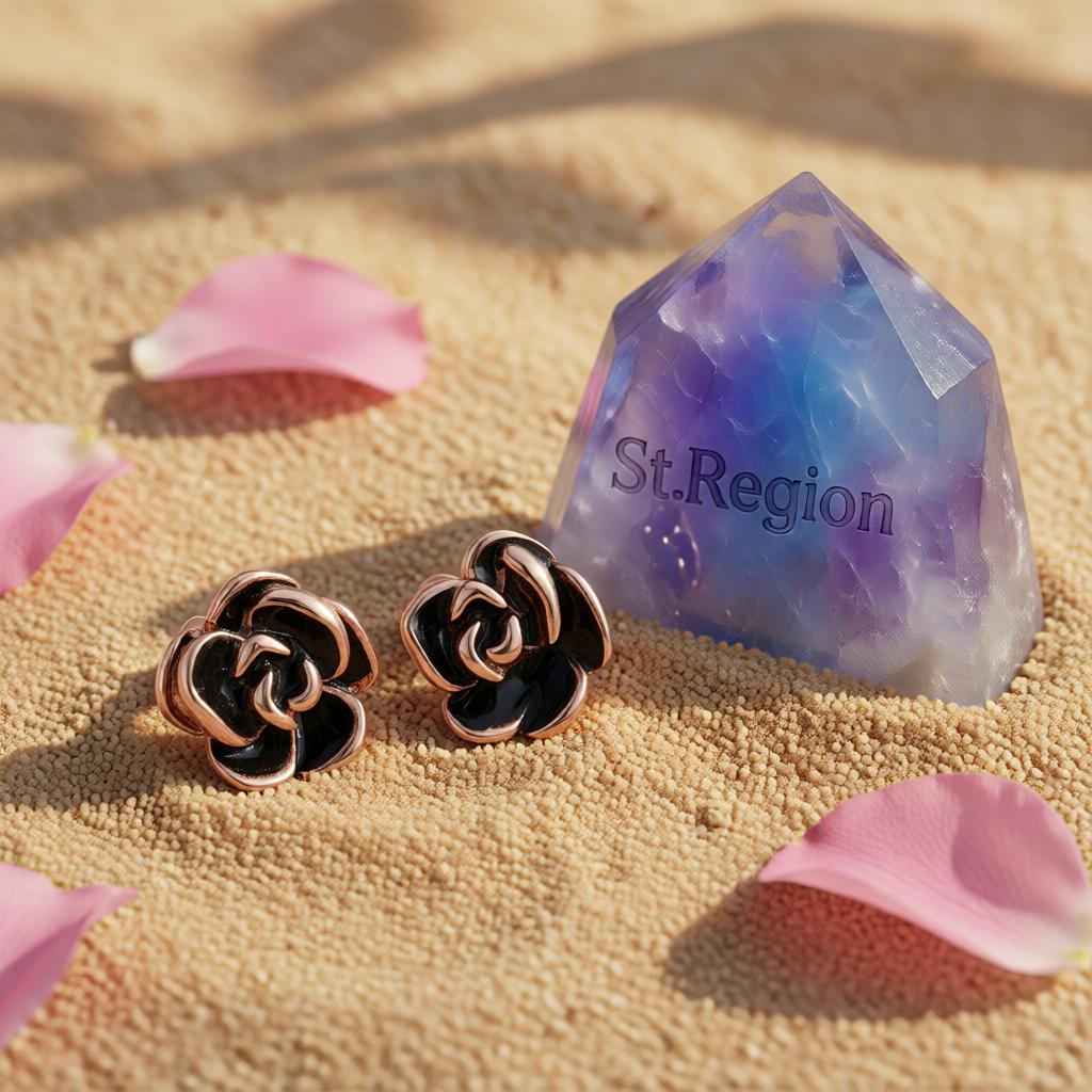 Black & 18K Rose Gold-Plated Rose Stud Earrings