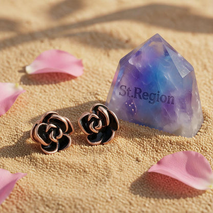 Black & 18K Rose Gold-Plated Rose Stud Earrings