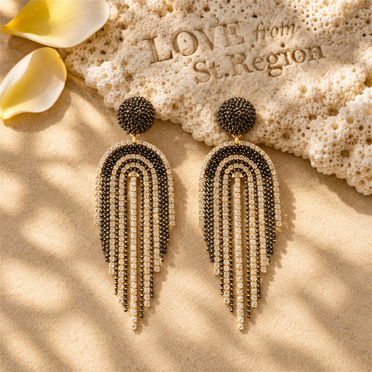 Black Acrylic and Cubic Zirconia 18K Gold-Plated Tassel Drop Earrings, gold drop earrings for women, lifestyle look