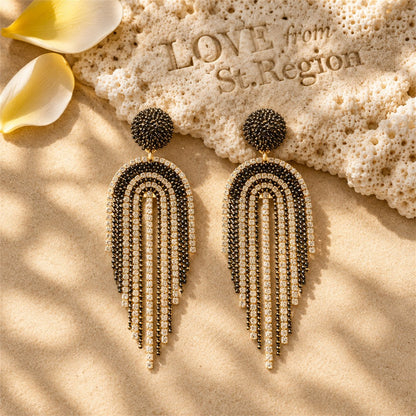Black Acrylic and Cubic Zirconia 18K Gold-Plated Tassel Drop Earrings, gold drop earrings for women, lifestyle look