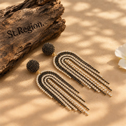Black Acrylic and Cubic Zirconia 18K Gold-Plated Tassel Drop Earrings, gold drop earrings for women, front view