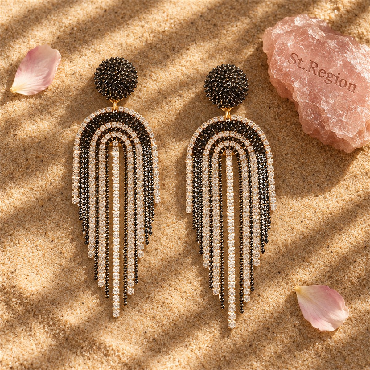 Black Acrylic and Cubic Zirconia 18K Gold-Plated Tassel Drop Earrings, gold drop earrings for women, detail close-up