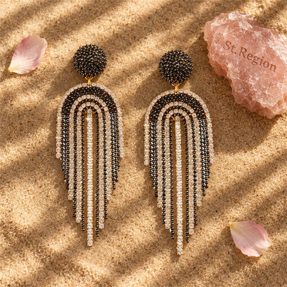 Black Acrylic and Cubic Zirconia 18K Gold-Plated Tassel Drop Earrings, gold drop earrings for women, detail close-up