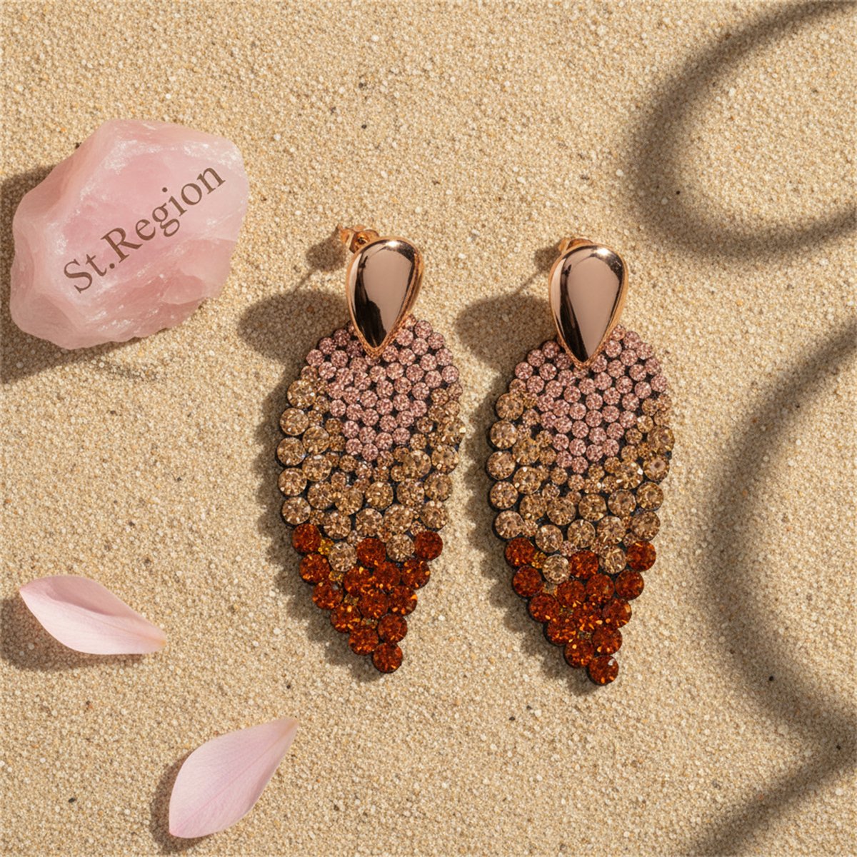 Champagne Cubic Zirconia and 18K Gold-Plated Leaves Drop Earrings, gold drop earrings for women, detail close-up