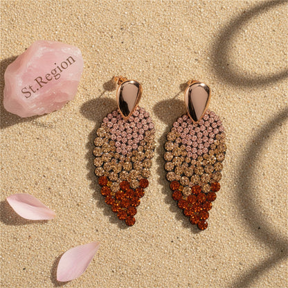 Champagne Cubic Zirconia and 18K Gold-Plated Leaves Drop Earrings, gold drop earrings for women, detail close-up