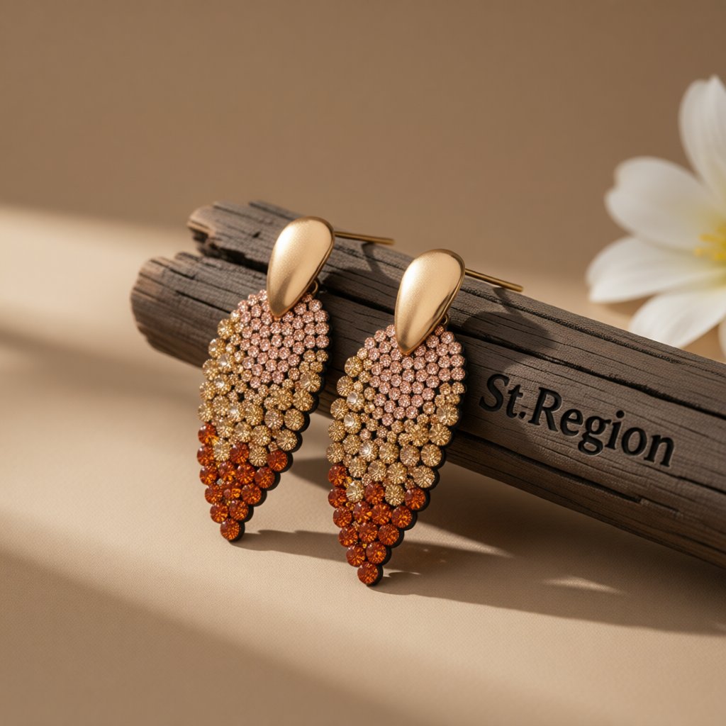 Champagne Cubic Zirconia and 18K Gold-Plated Leaves Drop Earrings, gold drop earrings for women, front view