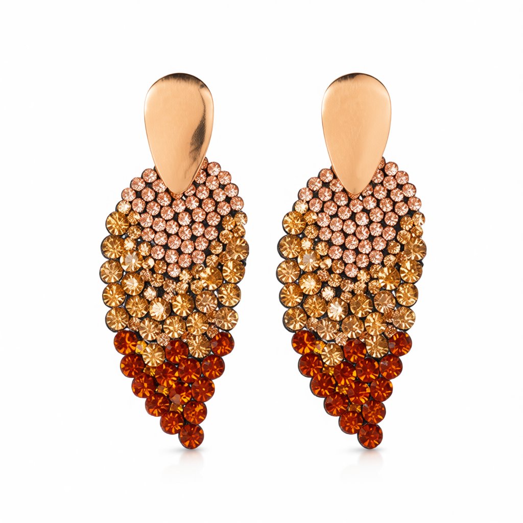 Champagne Cubic Zirconia and 18K Gold-Plated Leaves Drop Earrings, gold drop earrings for women, side view