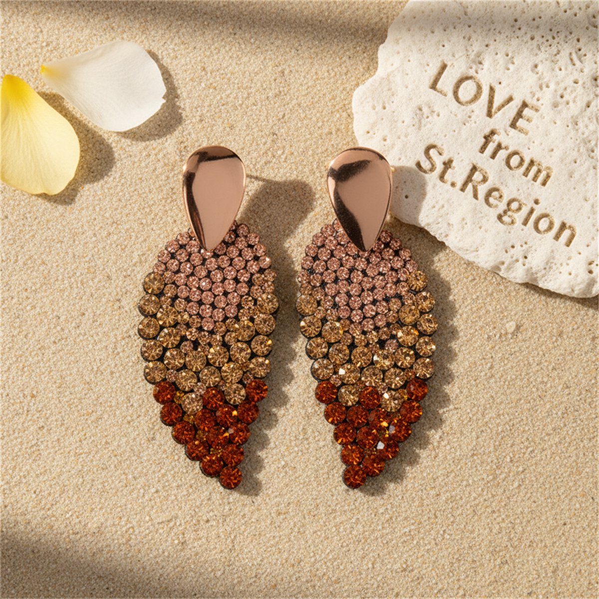 Champagne Cubic Zirconia and 18K Gold-Plated Leaves Drop Earrings, gold drop earrings for women, lifestyle look