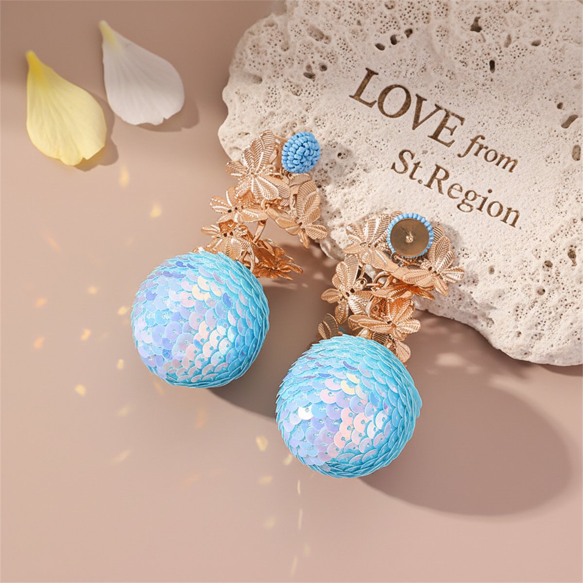 Blue Howlite and 18K Gold-Plated Butterflies Sequin Ball Drop Earrings, gold drop earrings for women, lifestyle look