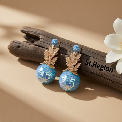 Blue Howlite and 18K Gold-Plated Butterflies Sequin Ball Drop Earrings, gold drop earrings for women, front view