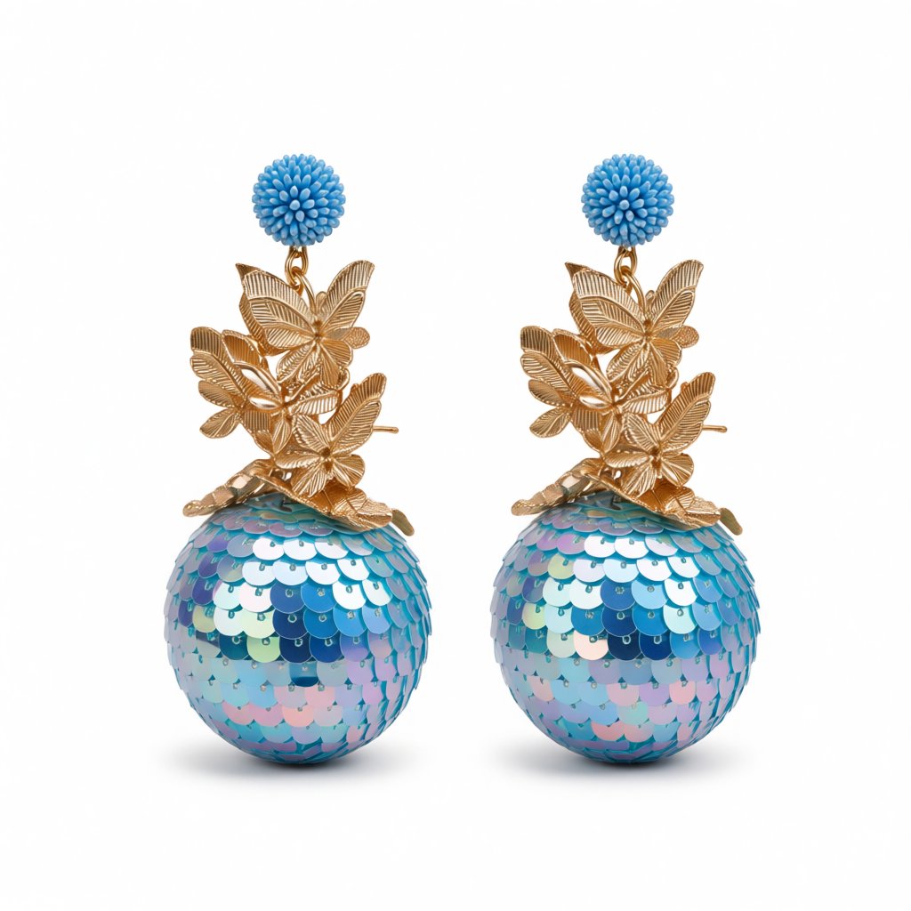 Blue Howlite and 18K Gold-Plated Butterflies Sequin Ball Drop Earrings, gold drop earrings for women, side view