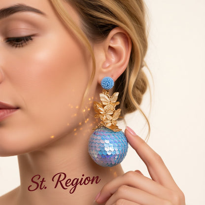 Blue Howlite and 18K Gold-Plated Butterflies Sequin Ball Drop Earrings, gold drop earrings for women, styled look