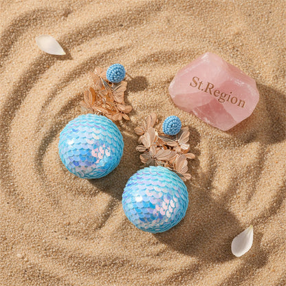 Blue Howlite and 18K Gold-Plated Butterflies Sequin Ball Drop Earrings, gold drop earrings for women, detail close-up