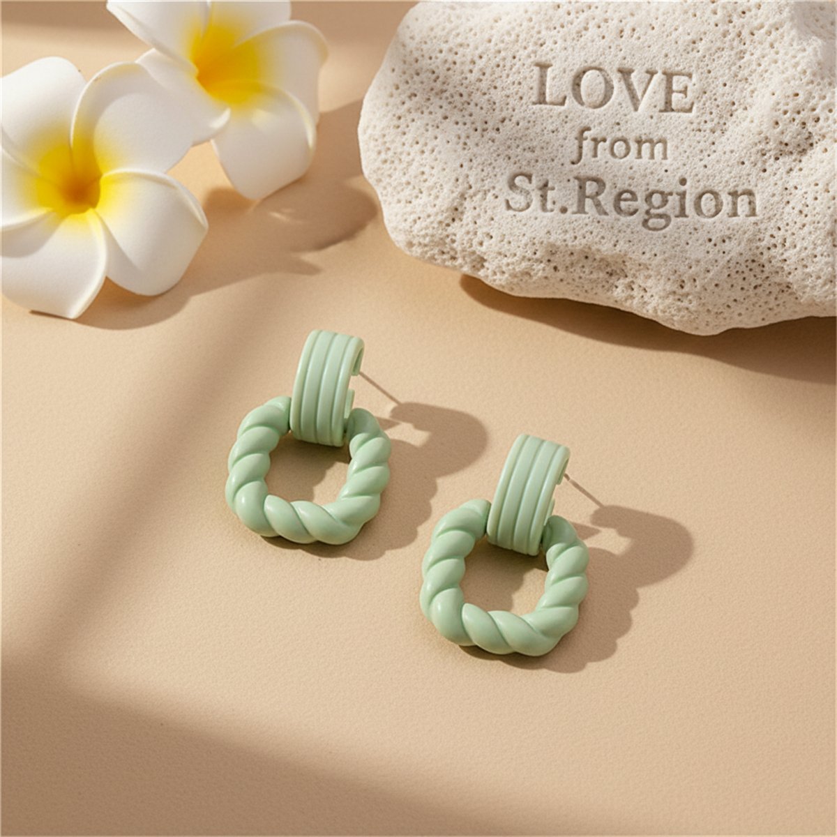 Green Acrylic and Silver-Plated Twist Open Square Drop Earrings, silver drop earrings for women, lifestyle look