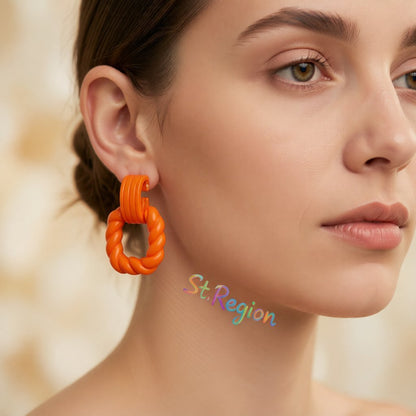 Orange Acrylic and Silver-Plated Twist Open Square Drop Earrings, silver drop earrings for women, styled look