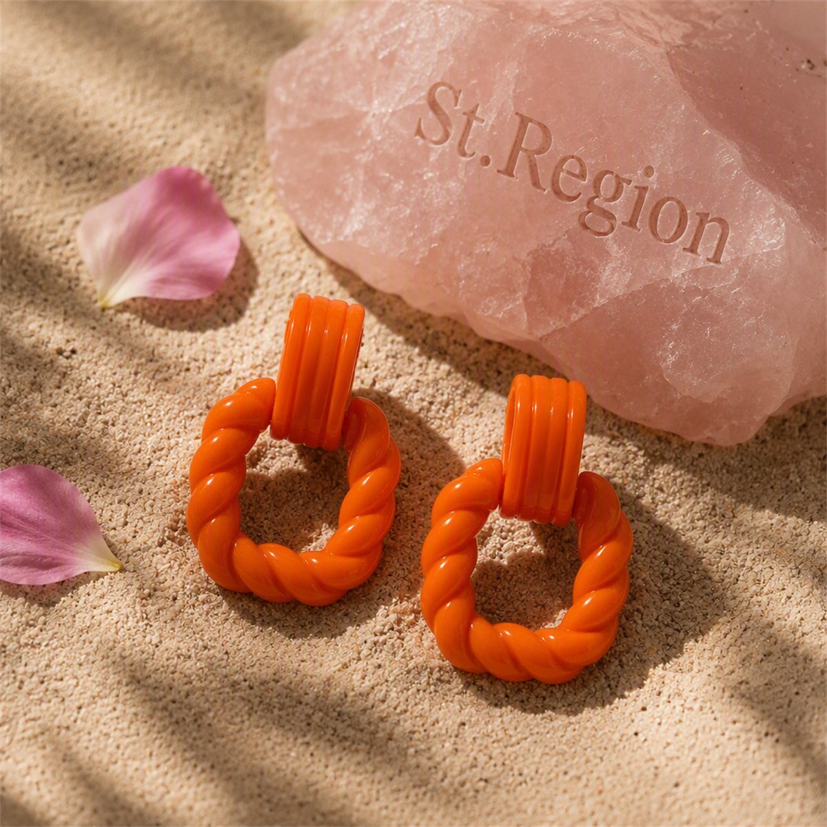 Orange Acrylic and Silver-Plated Twist Open Square Drop Earrings, silver drop earrings for women, detail close-up
