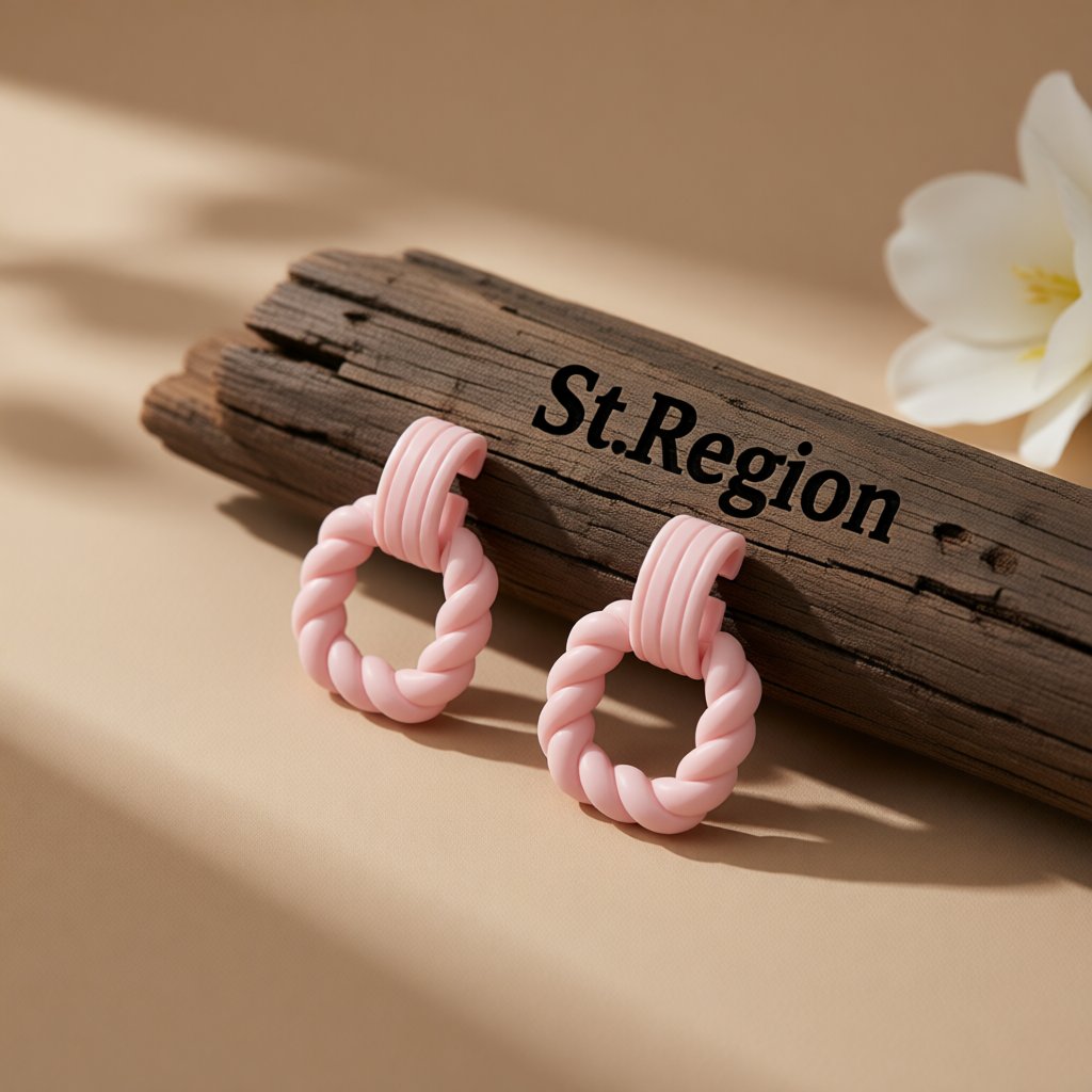 Pink Spiral Hoop Earrings, drop earrings for women, dainty minimalist design, front view