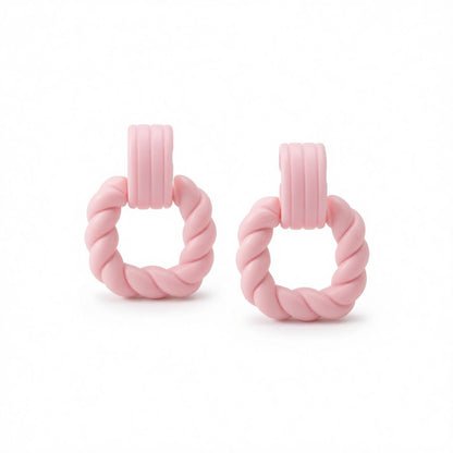 Pink Spiral Hoop Earrings, drop earrings for women, dainty minimalist design, side view