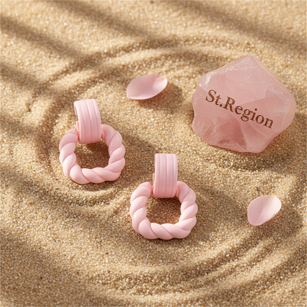 Pink Spiral Hoop Earrings, drop earrings for women, dainty minimalist design, detail close-up